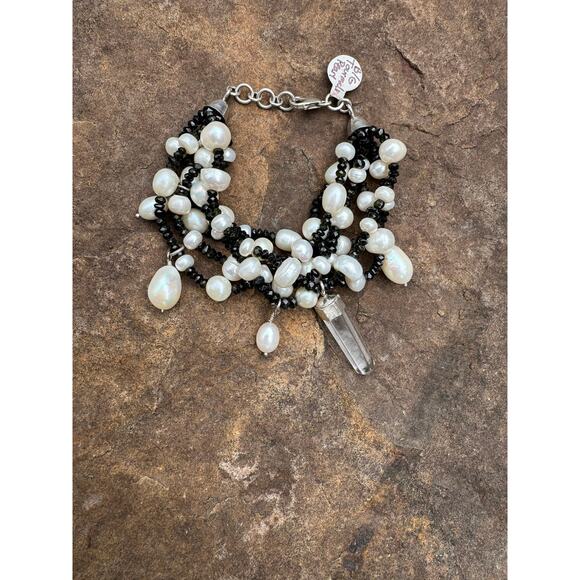 Black Tourmaline Pearl Bracelet Beaded Crystal Pearl Charms Sterling 8" - 8.5" - Picture 3 of 5